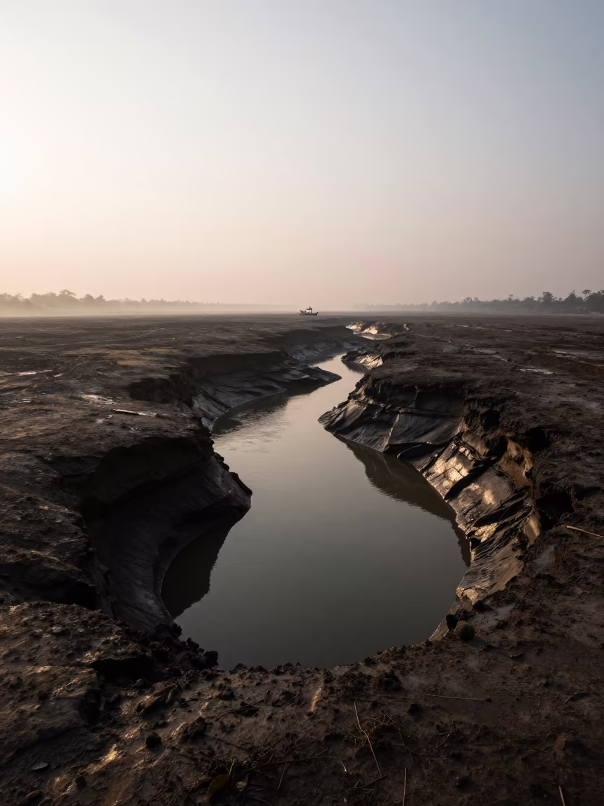 River Flow From Cave Mouth On Misty Floodplain in across a floodplain after rain near Dhaka