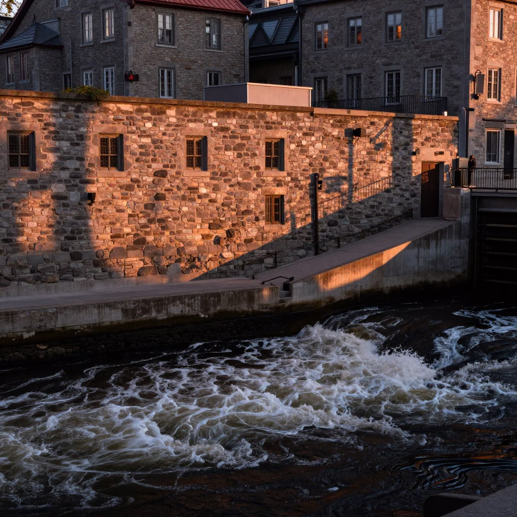 River Foam in Quebec City at Copper-toned Light Before Dusk in in Quebec City, Quebec, Canada