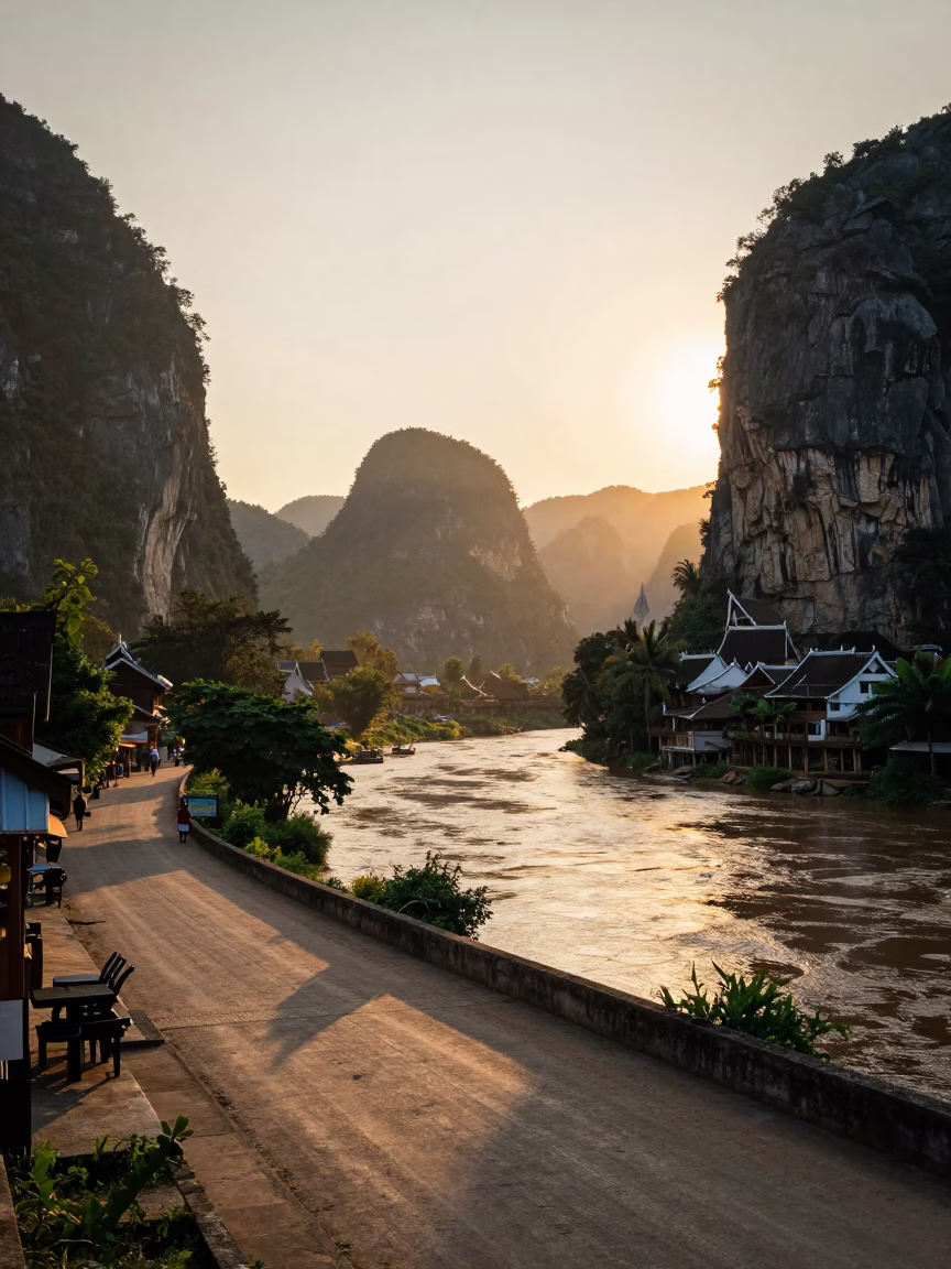 River Landscape in Luang Prabang at As First Light Reaches The Scene in in Luang Prabang, Laos