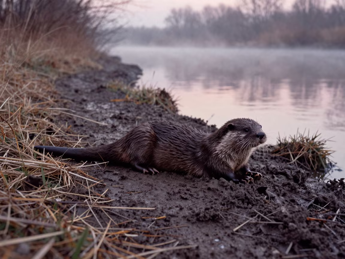 River Otter Sliding on Mudbank at Twilight in along a game trail near Leipzig