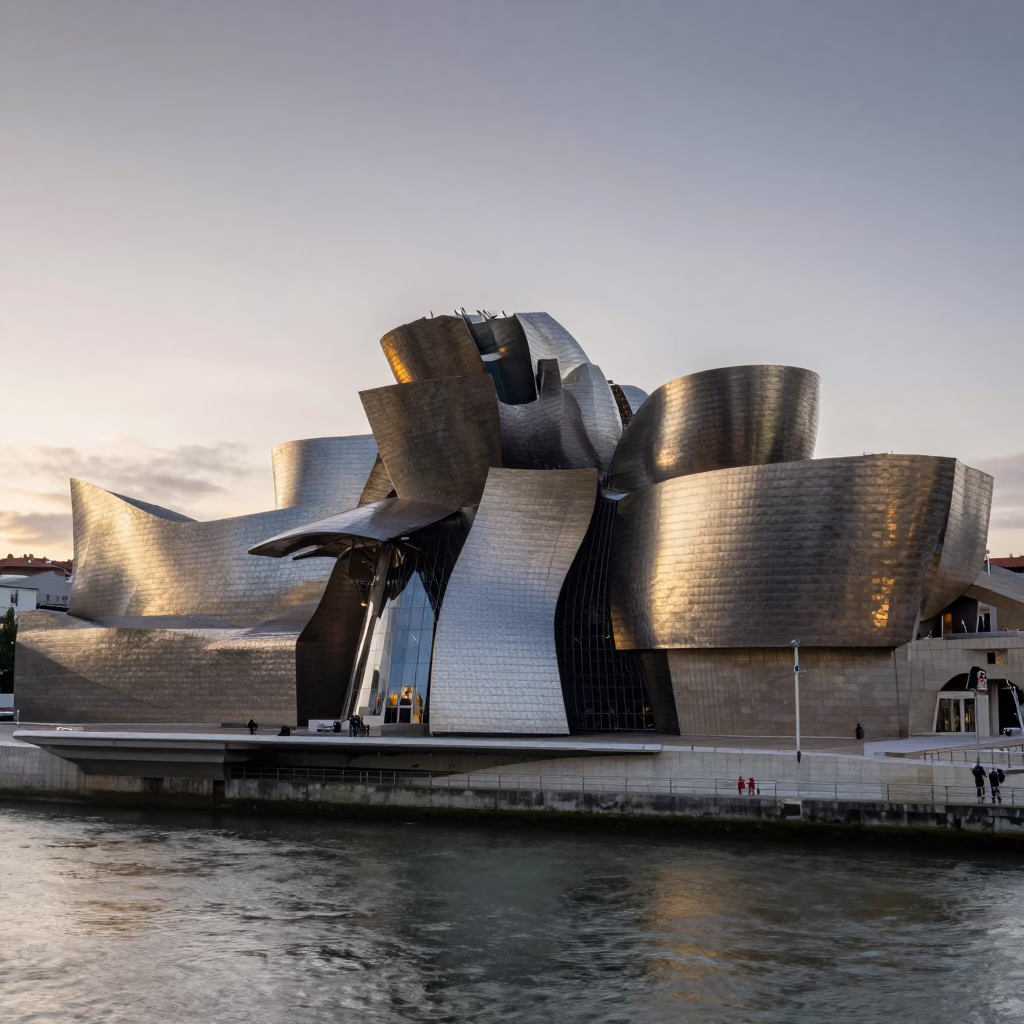 River Promenade in Bilbao at As First Light Reaches The Scene in in Bilbao, Spain