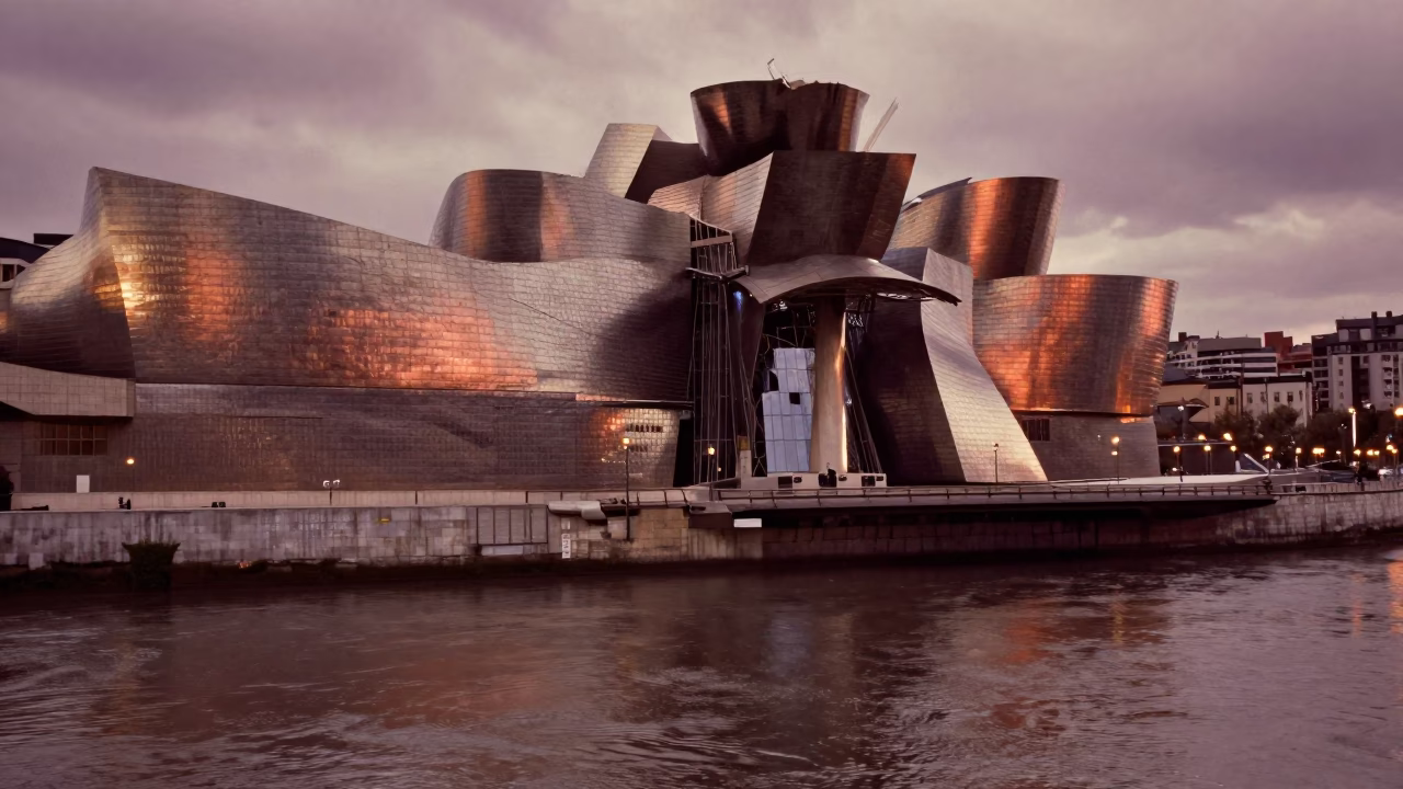 River Ripples at Copper-toned Light Before Dusk in Bilbao in in Bilbao, Spain