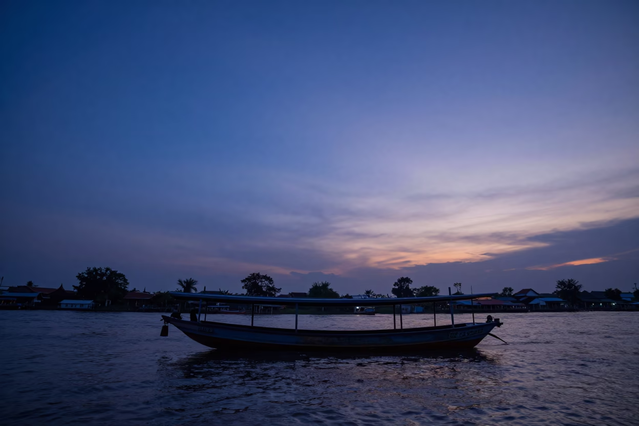 River Scene in Bangkok at The Still Hours Before Dawn Light in in Bangkok, Thailand
