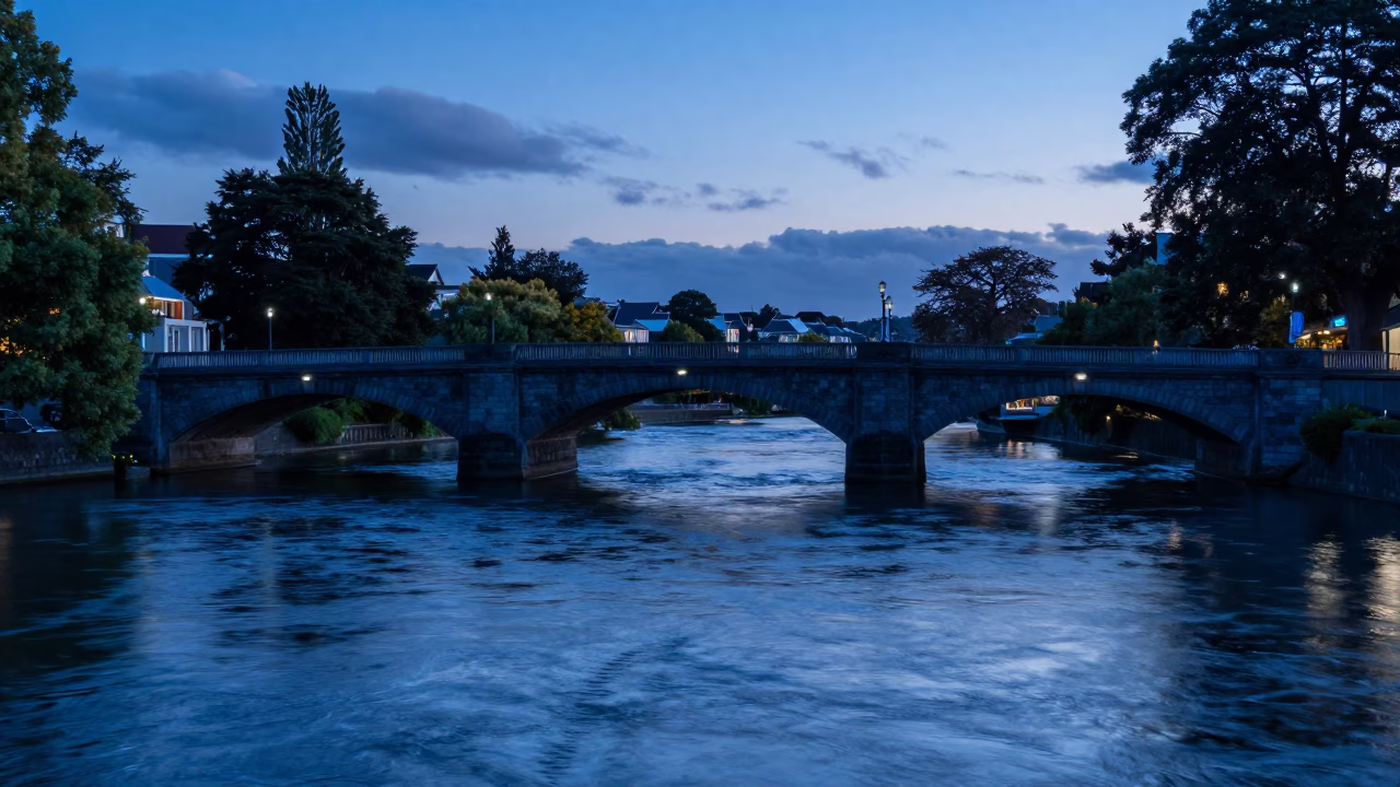 River Scene in Christchurch at The Last Blue Light Of Evening in in Christchurch, New Zealand