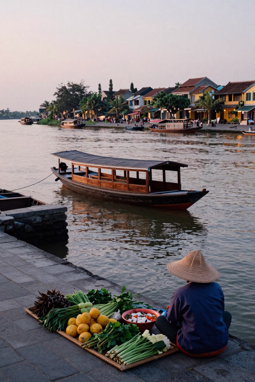 River Scene in Hoi An at Nautical Dawn Light in in Hoi An, Vietnam