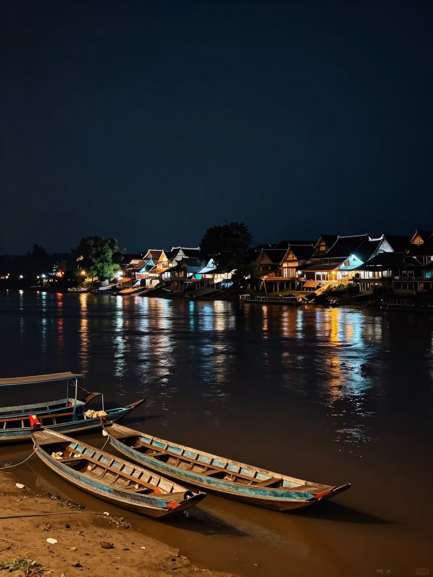 River Scene in Luang Prabang at Deep In The Night Light in in Luang Prabang, Laos