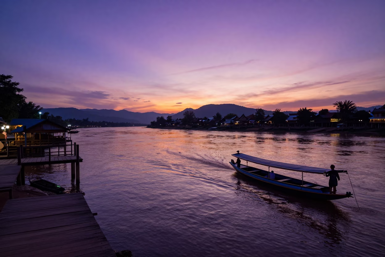 River Scene in Luang Prabang at Sunset Light in in Luang Prabang, Laos