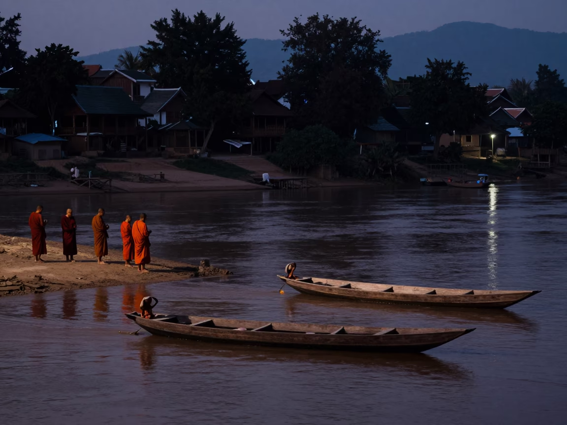 River Scene in Luang Prabang at The Predawn Darkness Light in in Luang Prabang, Laos