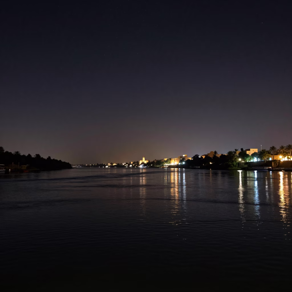 River Scene in Luxor at Deep In The Night Light in in Luxor, Egypt