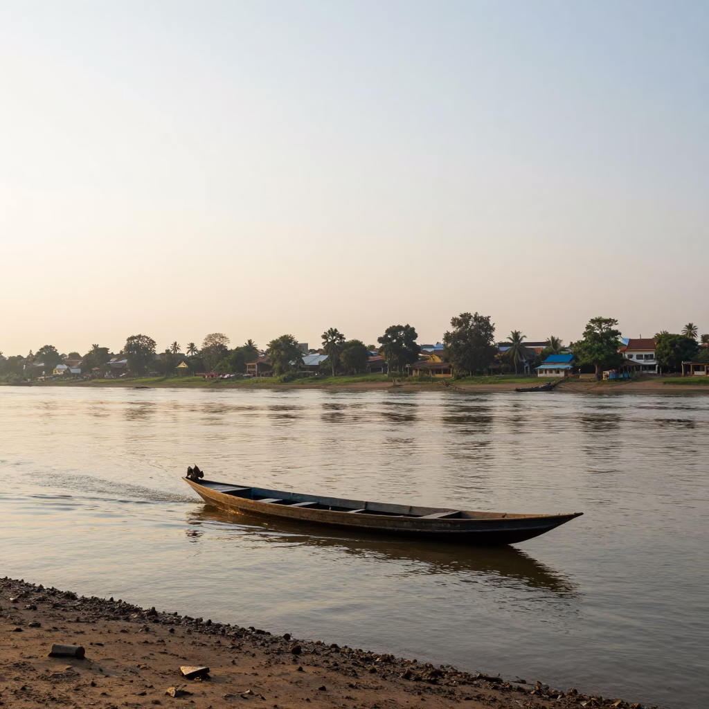 River Scene in Phnom Penh at As First Light Reaches The Scene in in Phnom Penh, Cambodia