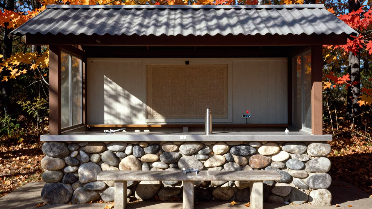 River Stone Bench Field Station Rhode Island Autumn in at a remote field station in Rhode Island