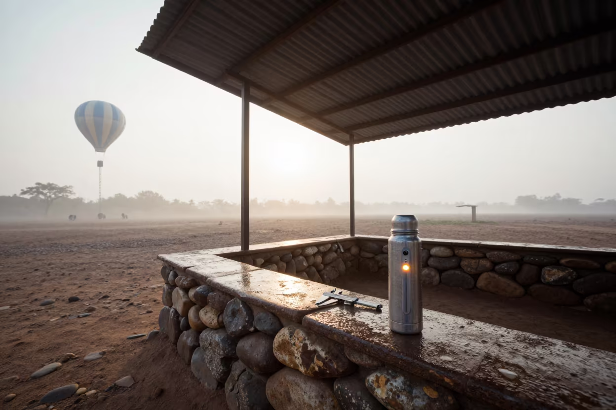 River Stone Bench and Science Gear at Dawn in near a weather balloon launch site in Gambia