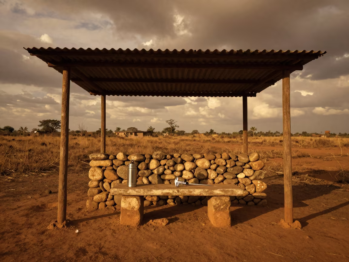 River Stone Bench and Science Tools in Amber Light in at a remote field station near Bamako