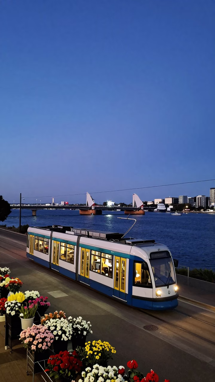 River Tram at Blue Hour in Perth in in Perth, Western Australia, Australia