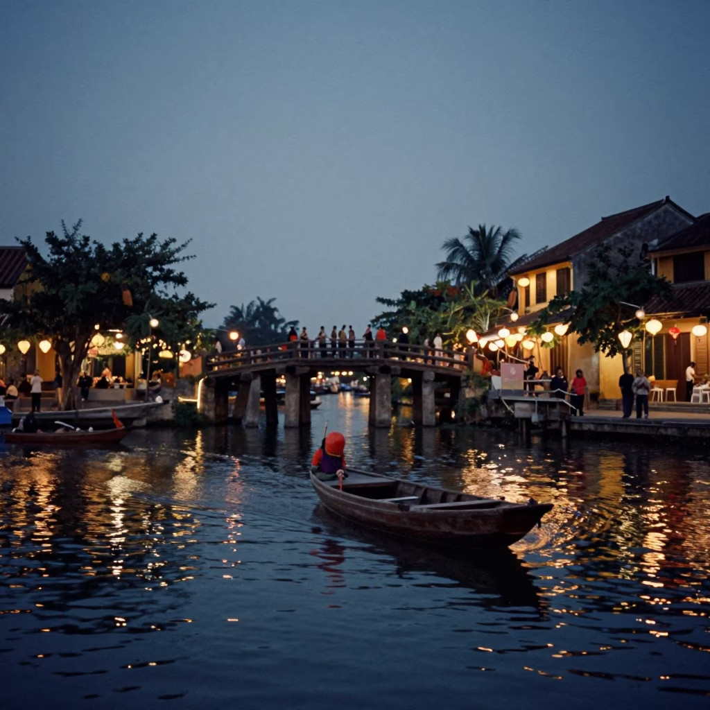 River View in Hoi An at The Predawn Darkness Light in in Hoi An, Vietnam