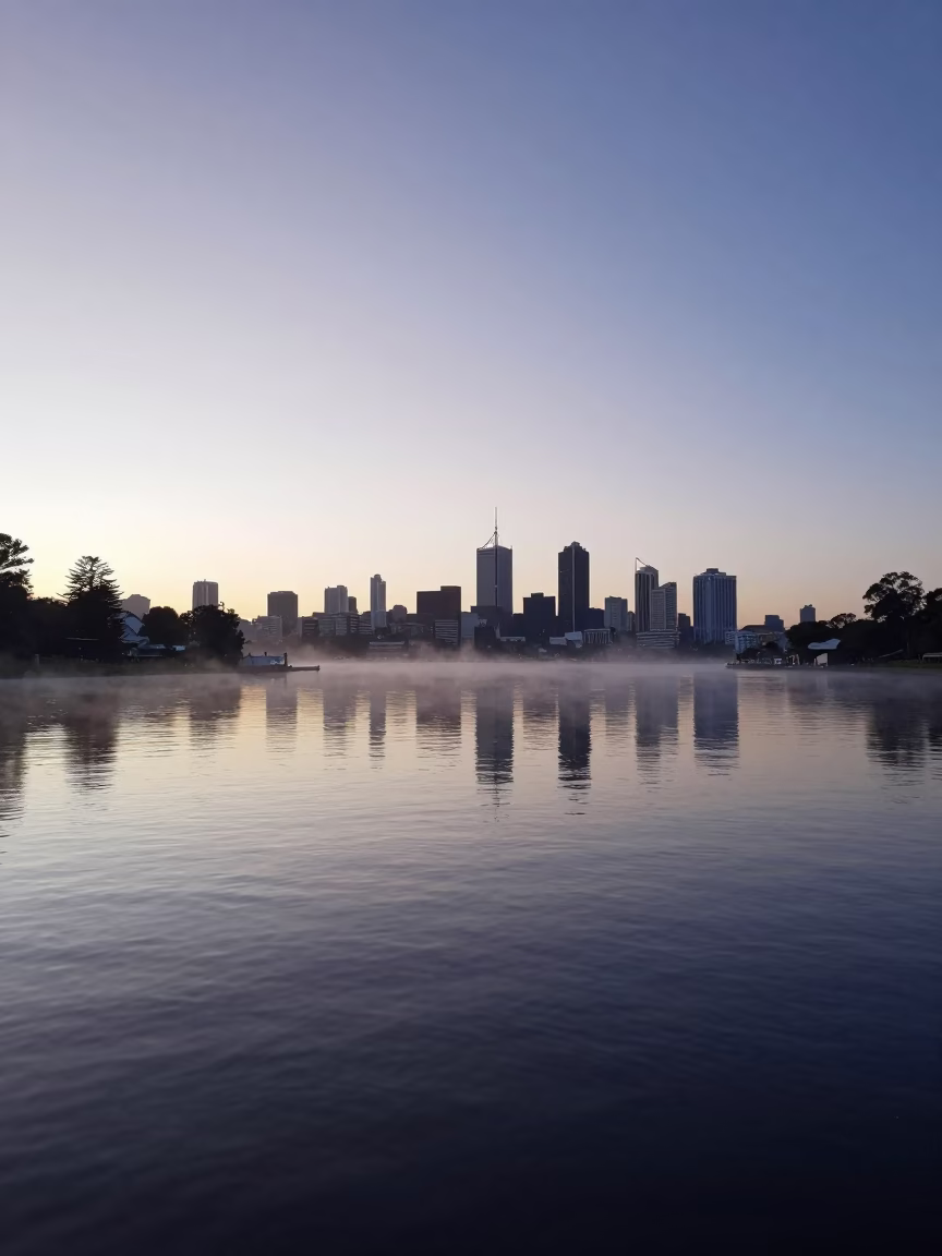 River Waterfront in Perth at Sunrise Light in in Perth, Western Australia, Australia