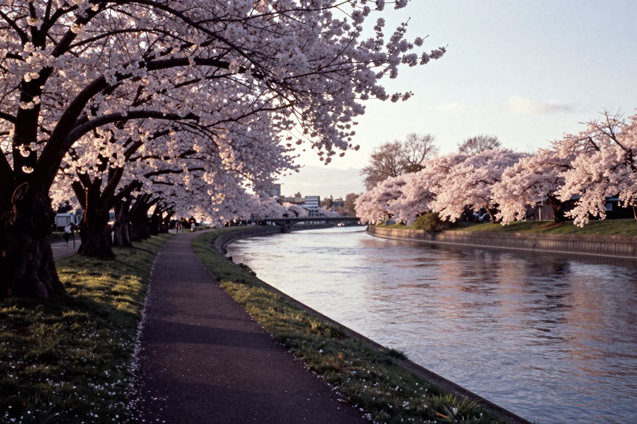 Riverbank Path in Christchurch at The Late Afternoon Light in in Christchurch, New Zealand