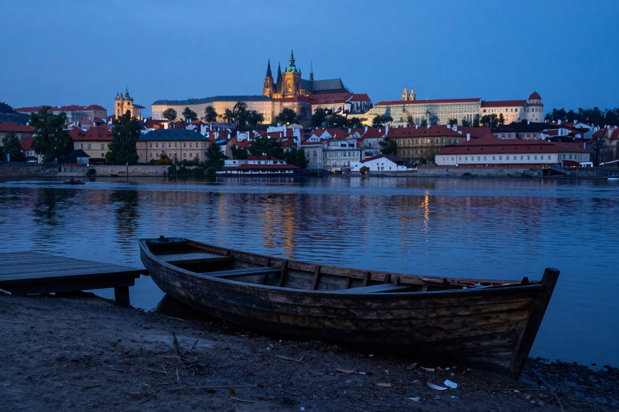 Riverbank Scene at The Still Hours Before Dawn Light in Prague in in Prague, Czech Republic