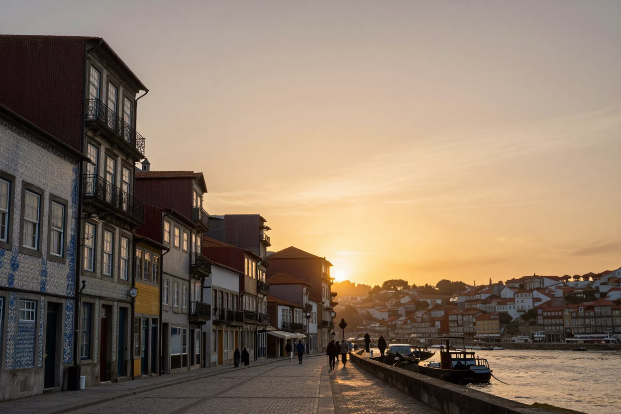 Riverfront in Porto at As The Sun Drops Toward The Horizon in in Porto, Portugal
