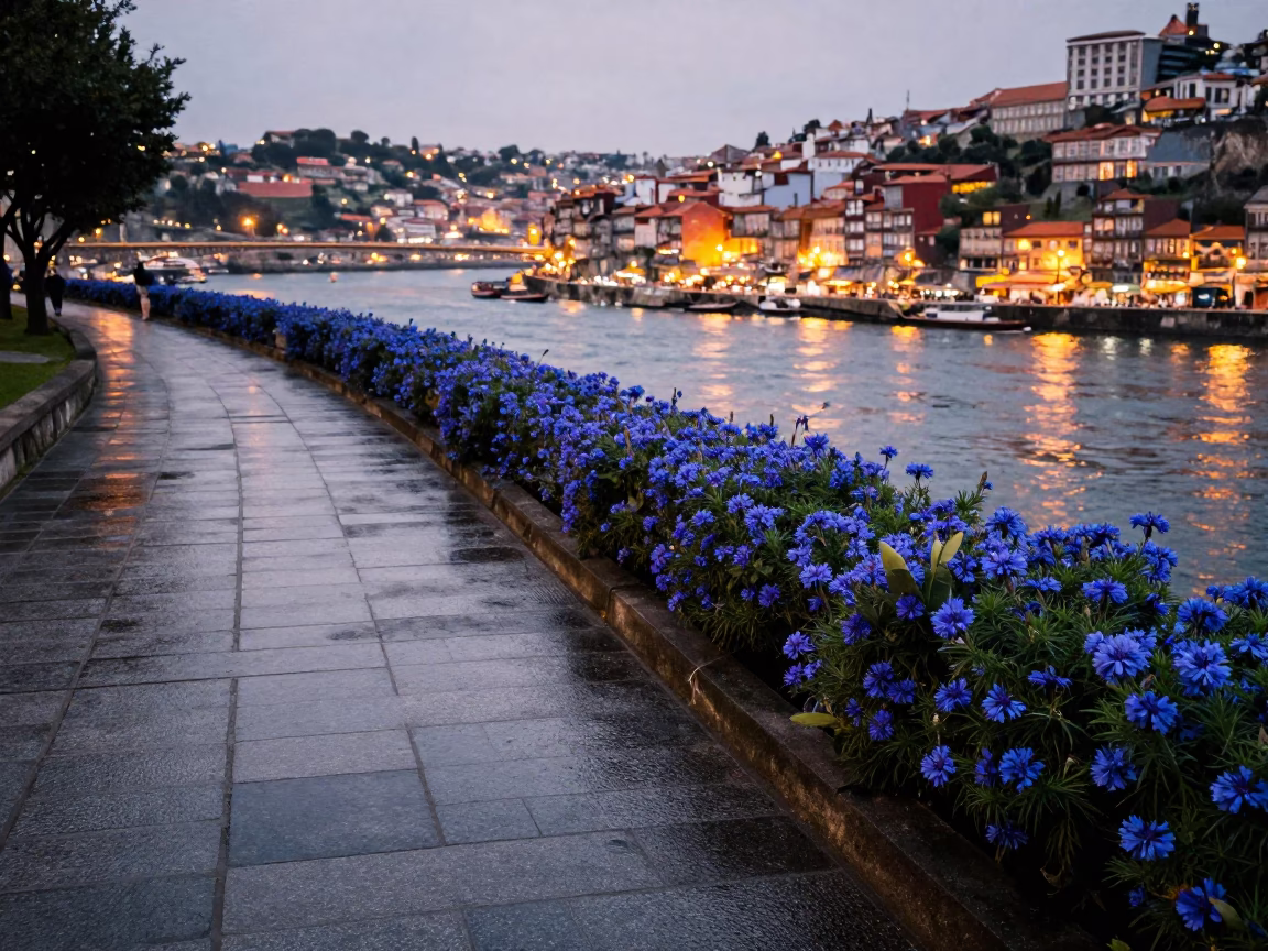 Riverfront Levee Path in Porto at As City Lights Begin To Glow in in Porto, Portugal