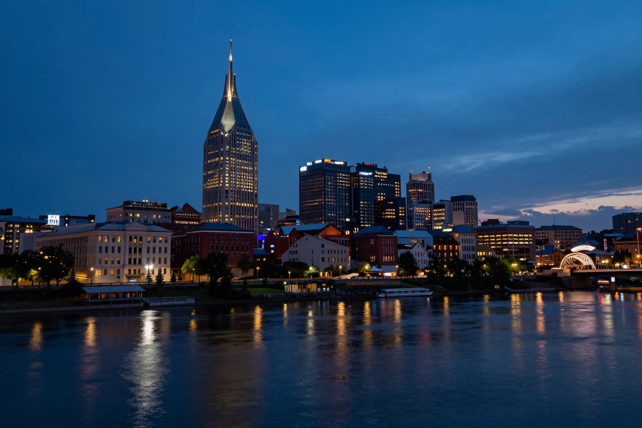 Riverfront Park in Nashville at Blue Hour in in Nashville, Tennessee, United States