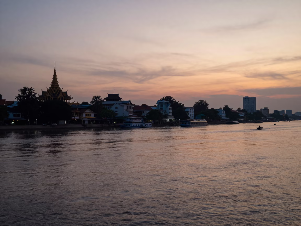 Riverfront Scene in Phnom Penh at Nautical Dawn Light in in Phnom Penh, Cambodia