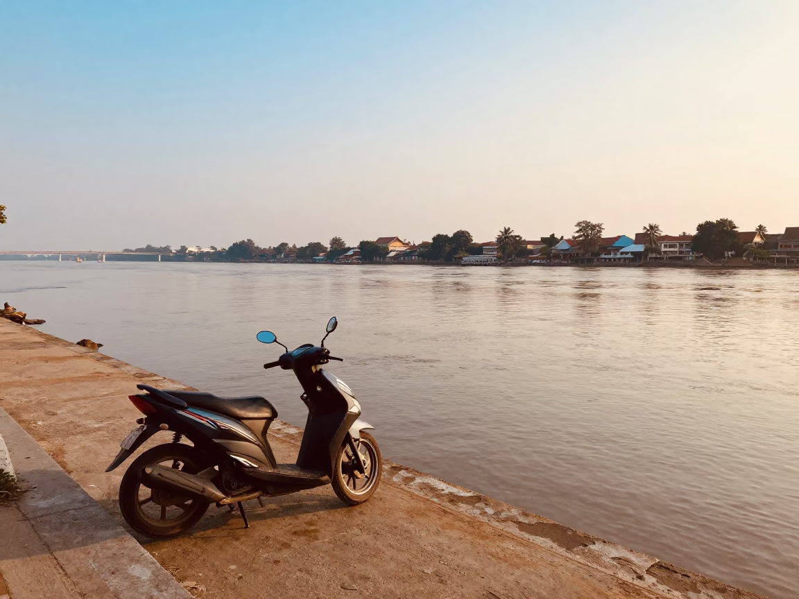 Riverfront Scene just after sunrise in Phnom Penh in in Phnom Penh, Cambodia