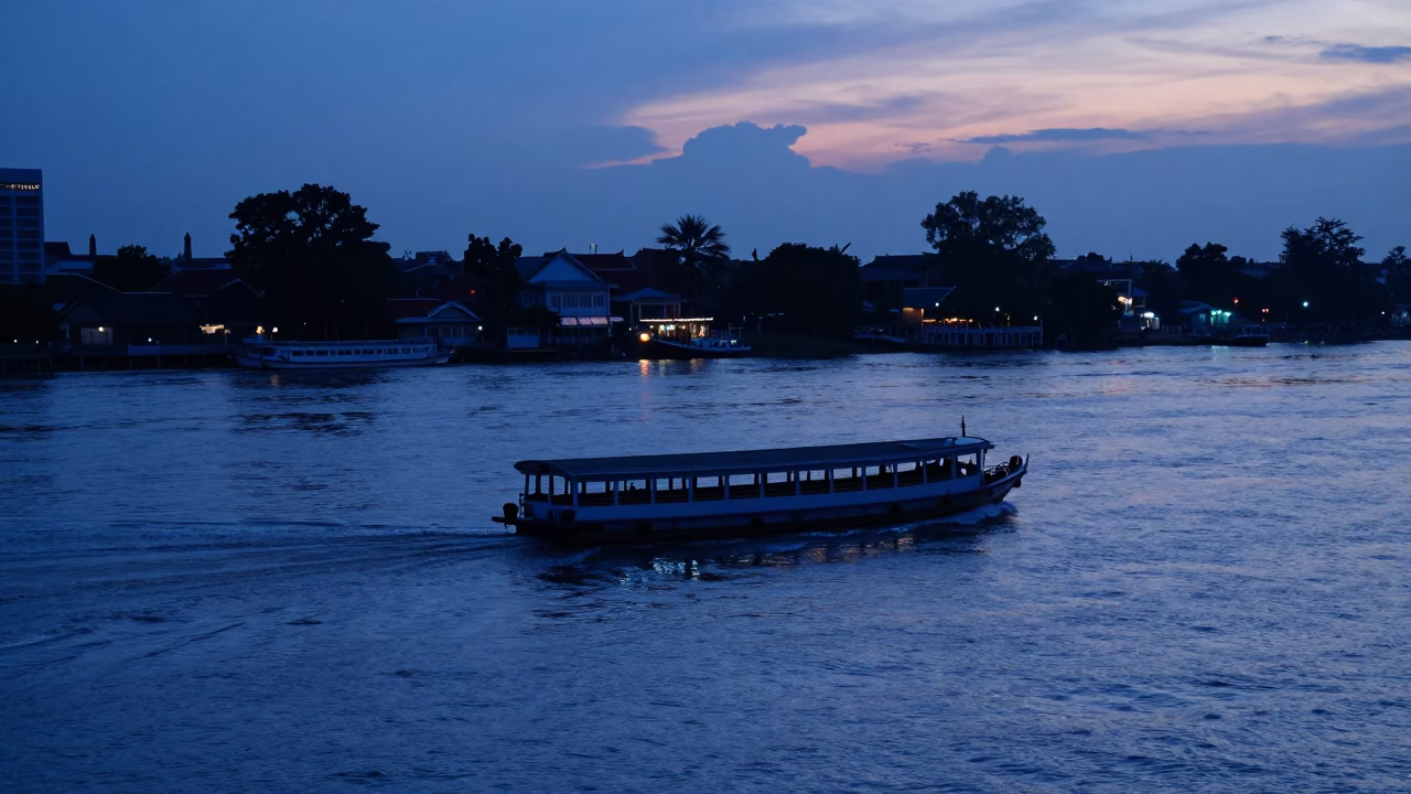 Riverside in Phnom Penh at Indigo Twilight After Sunset in in Phnom Penh, Cambodia