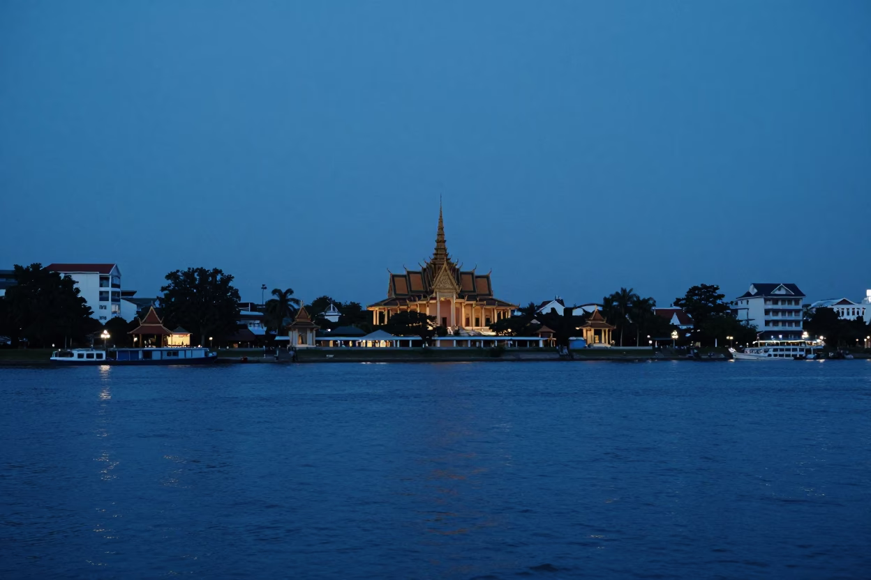 Riverside Promenade in Phnom Penh at The Last Blue Light Of Evening in in Phnom Penh, Cambodia