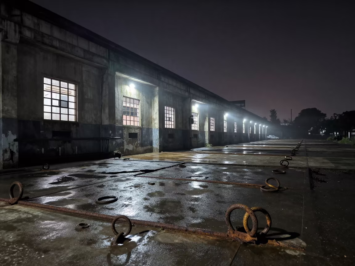 Riverside Warehouse Ruin Rajkot Night in at a loading dock near Rajkot