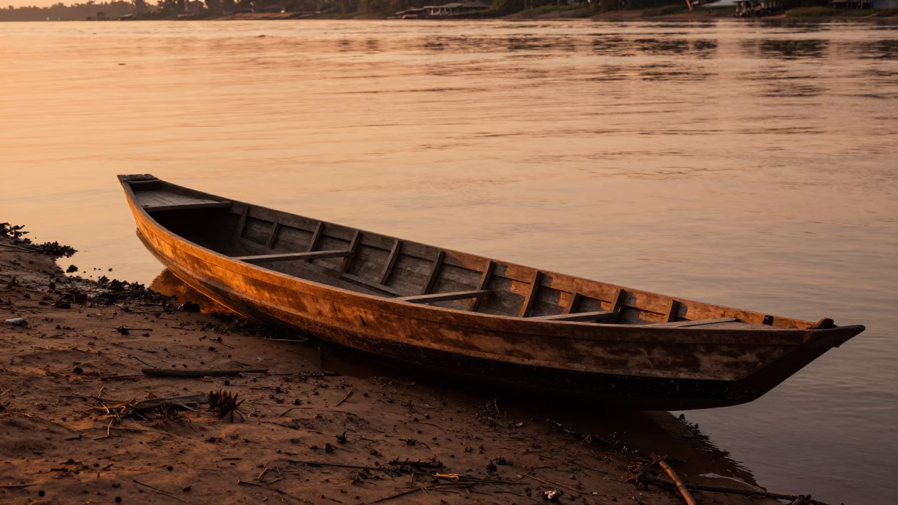 Riverside wooden boat at sunset in Phnom Penh Cambodia in in Phnom Penh, Cambodia
