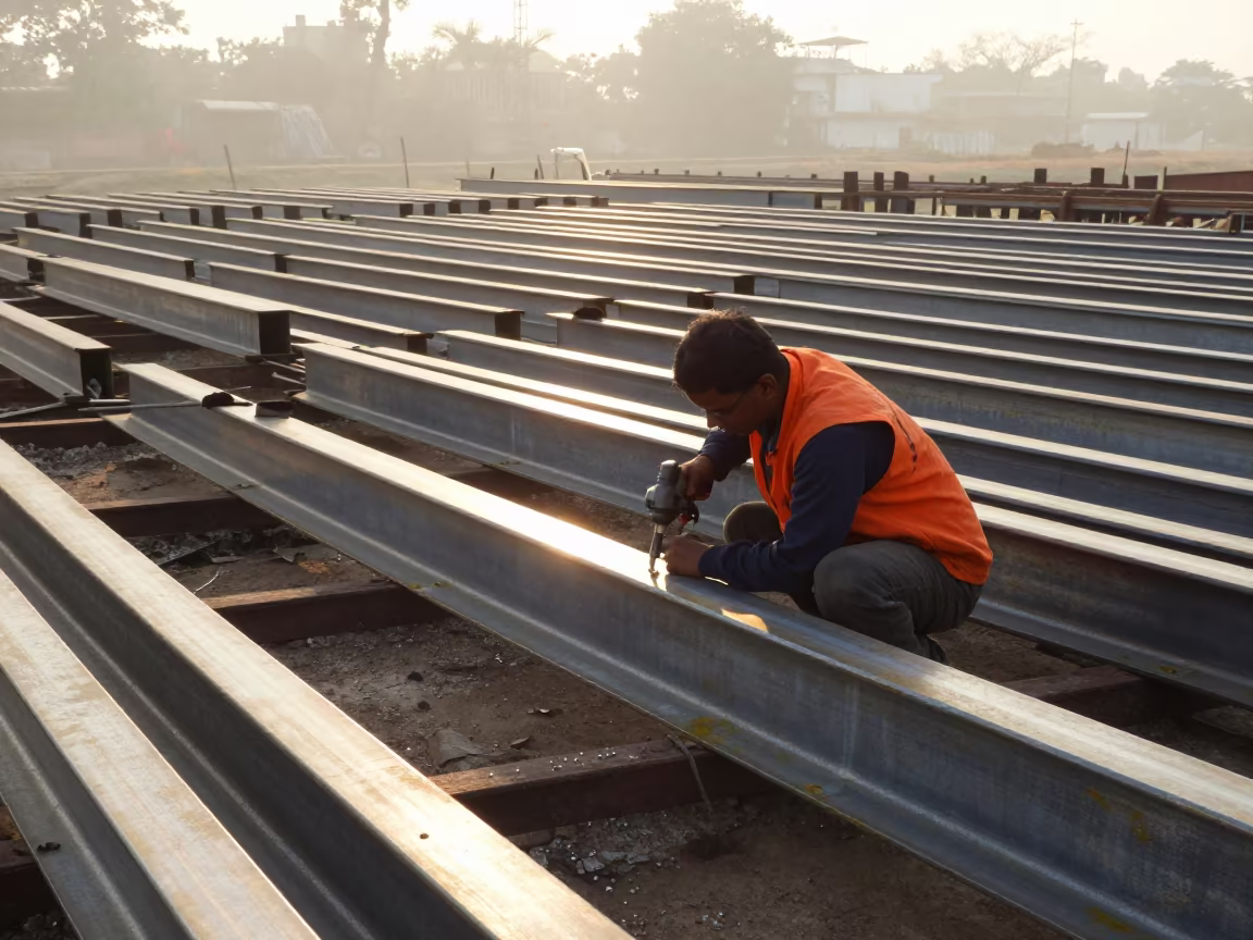 Riveter on Bridge Deck with Grid of Beams at Sunset in on an active construction deck in Lucknow