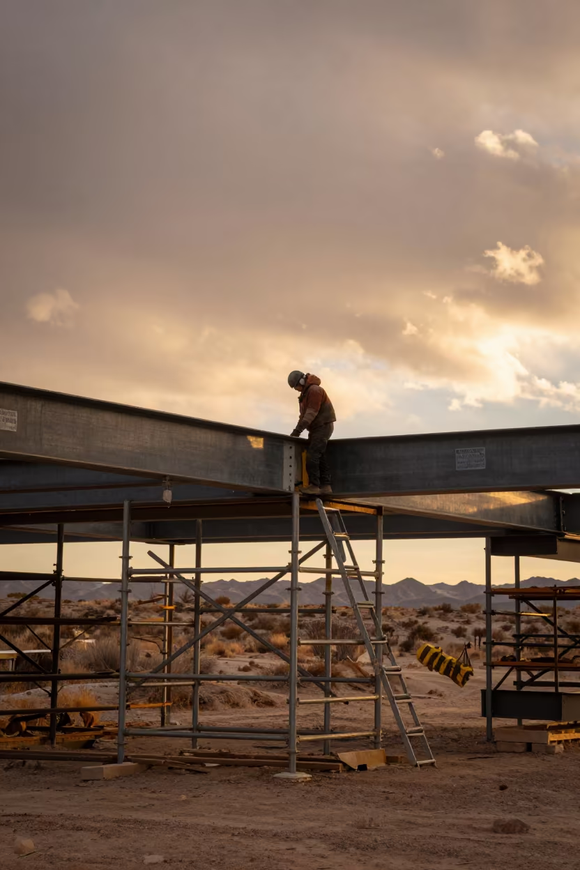 Riveting Steel Beams on Nevada Bridge at Golden Hour in along a scaffolded facade in Nevada