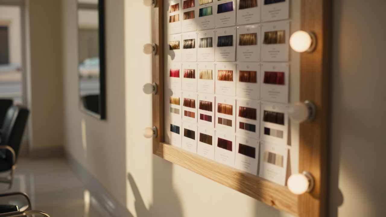 Riyadh Barber Station Shade Match Cards in at a barber station beneath mirror bulbs in Riyadh