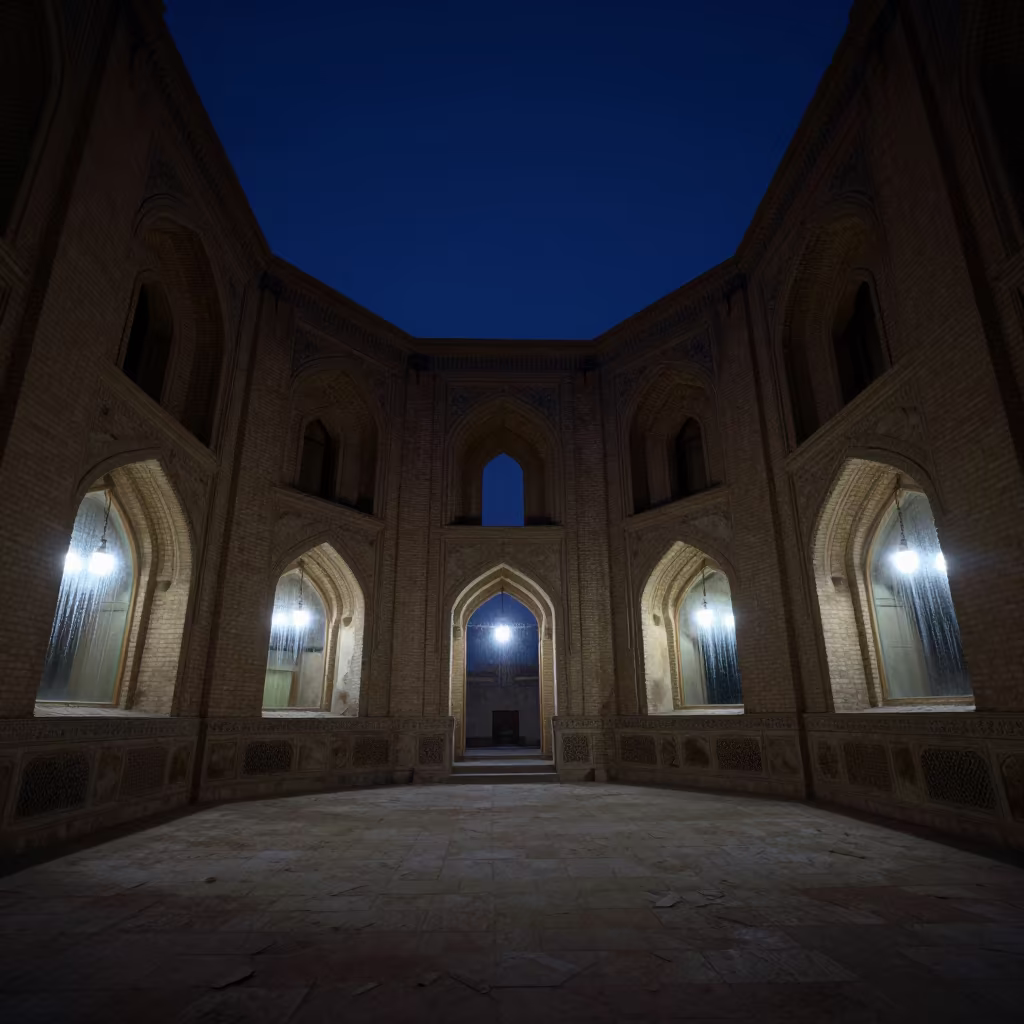 Riyadh Monastery Ruins Prayer Niches Night in inside a quiet cloister passage in Riyadh