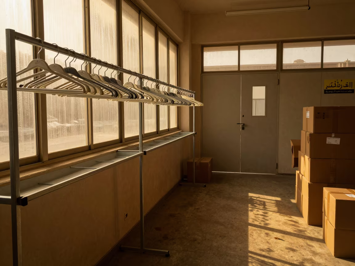 Riyadh Stockroom Fitting Room Rail Before Unlock in inside a stockroom behind the sales floor in Riyadh