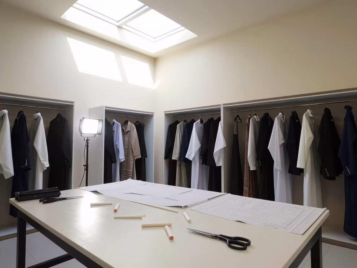 Riyadh Tailoring Showroom Fit with Sharp Flash in at a tailoring table strewn with chalk and shears near Riyadh