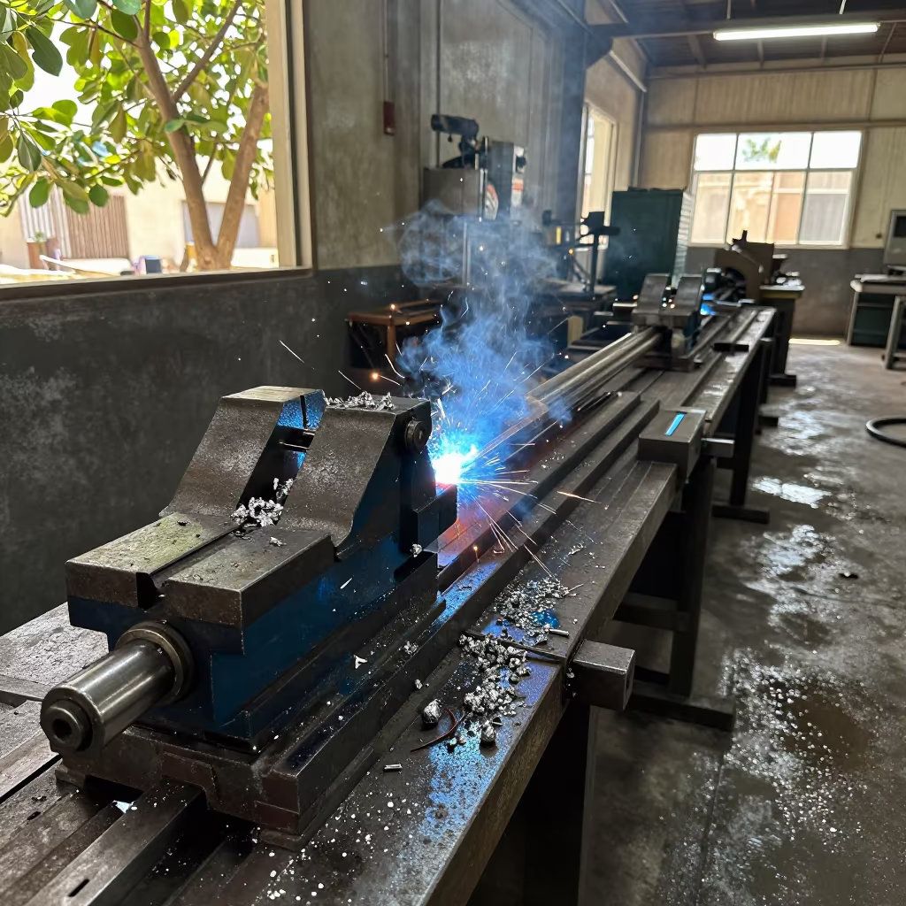Riyadh Welding Bay Vise with Blue Oil and Steel Curls in in a welding bay near Riyadh