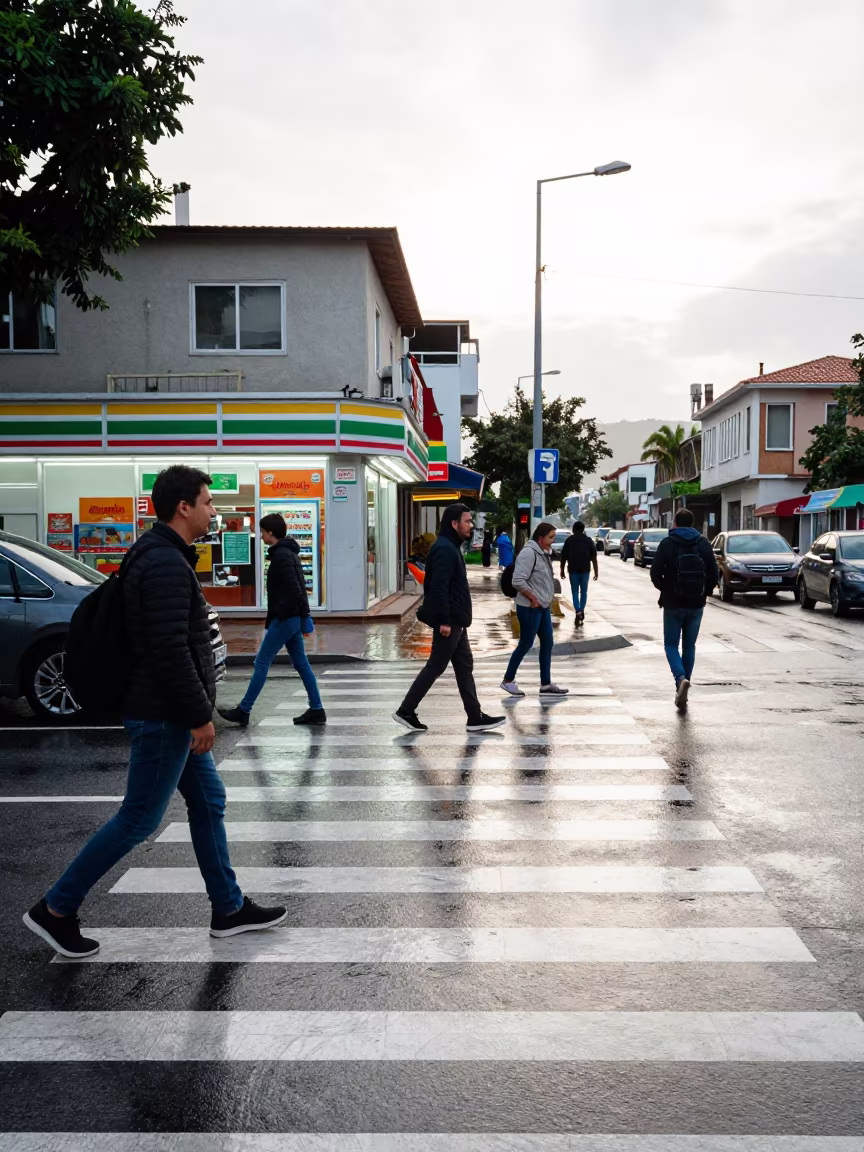 Rize commuters crosswalk tropical winter light in outside a fluorescent convenience store in Rize