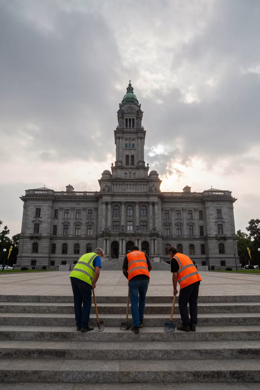 Road Crew on City Hall Steps at Dawn in on the steps of city hall in Kosti