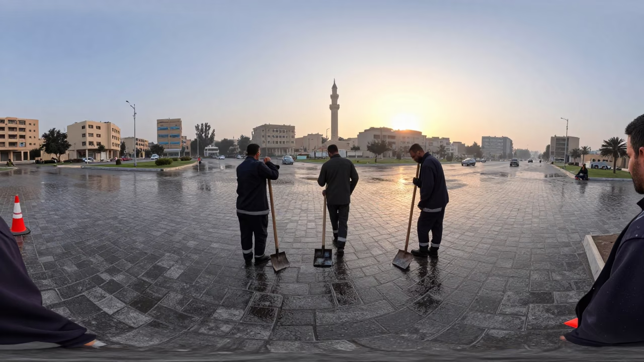 Road Crew at Dawn in Shibin Al Kawm Square in in a public square near Shibin Al Kawm
