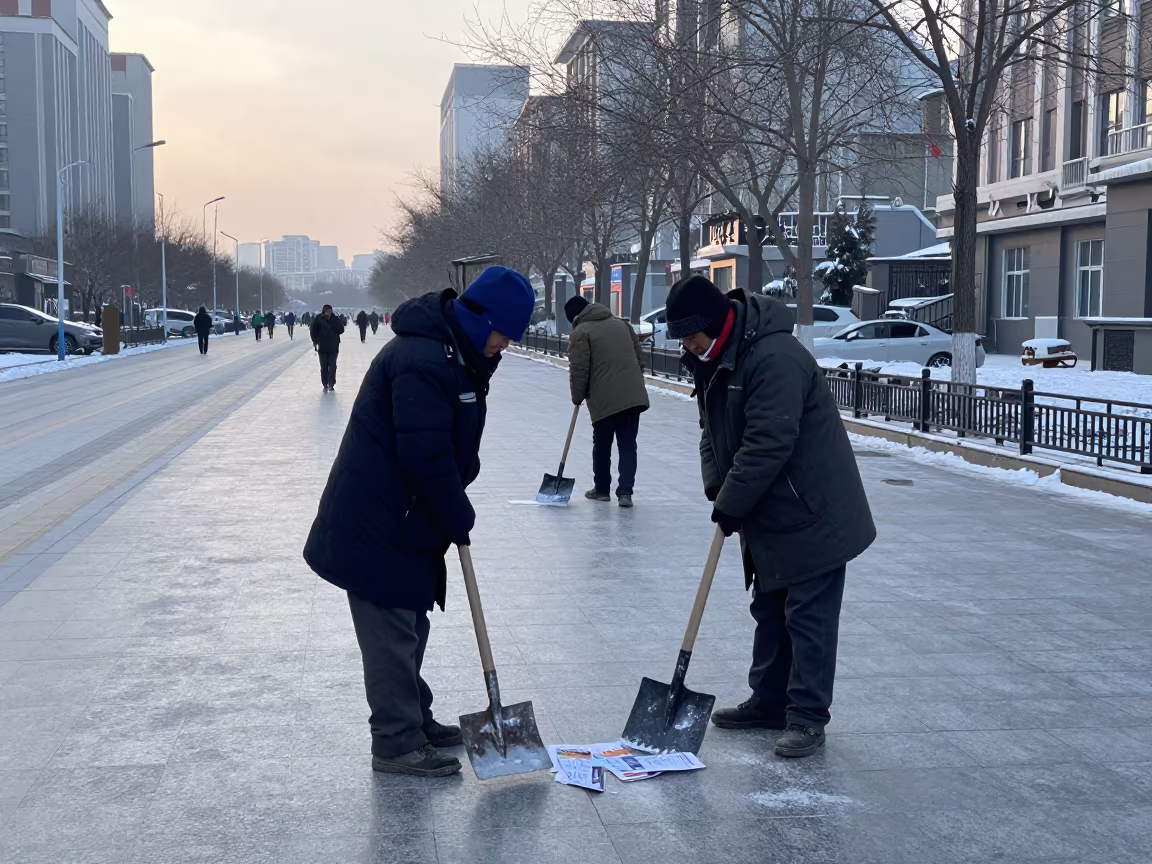 Road Crew Resting at Dawn in Xining Square in in a public square in Xining