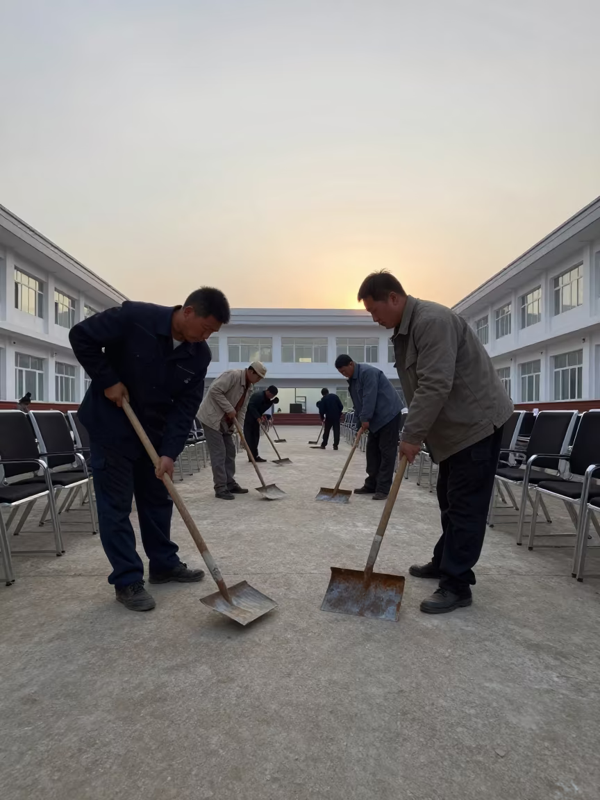 Road Crew Shovels in Pyongyang Hall Dawn in in a fluorescent town hall meeting room in Pyongyang