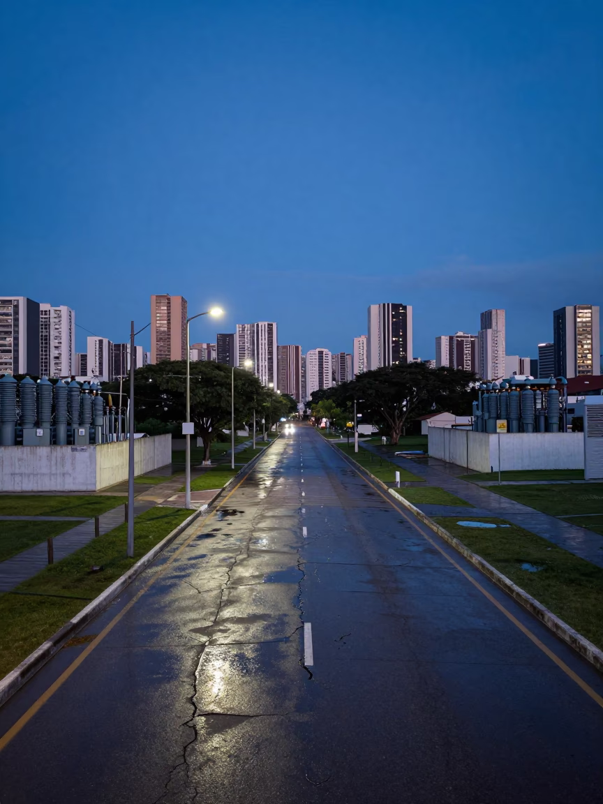 Road Puddled in São Paulo at Nautical Dawn Light in in São Paulo, Brazil