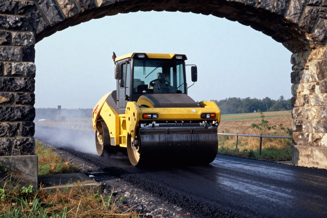 Road Roller Compacting Asphalt on Luxembourg Ridge in on a wind-scoured ridge in Luxembourg