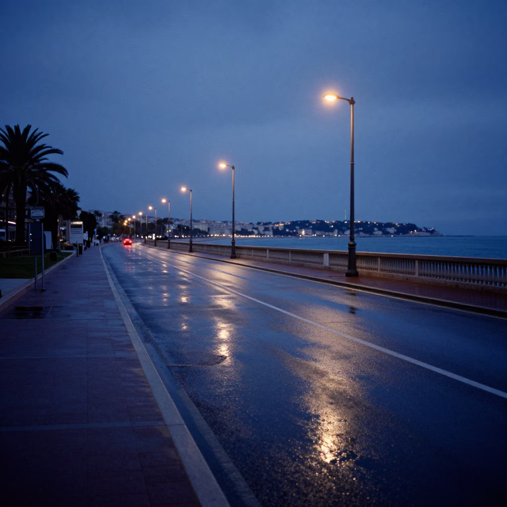 Road Scene in Nice at The Predawn Darkness Light in in Nice, France