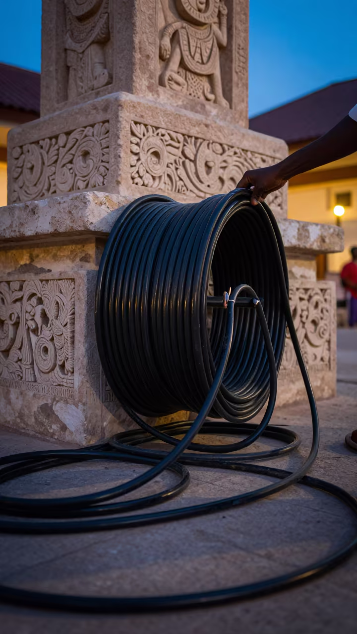 Roadie Coiling Cables on Zanzibar Museum Plinth in on a museum plinth near Zanzibar