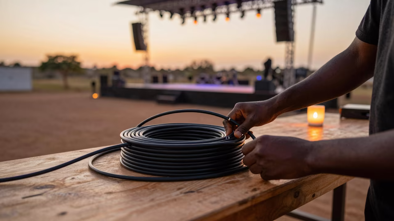 Roadie Coils Cables on Stage at Sunset in on a wooden workbench in Garoua