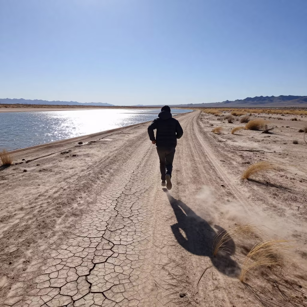 Roadrunner Sprinting Across Desert Hardpan Noon in beside a tidal inlet in Arizona