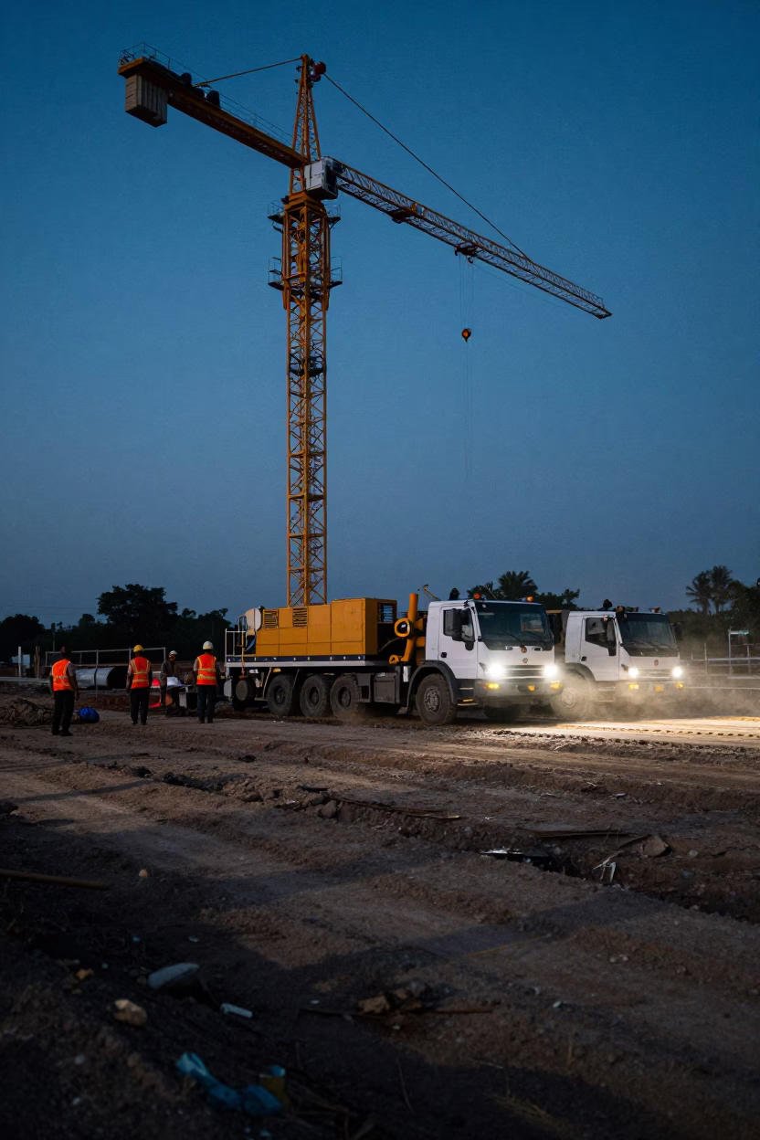 Roadwork Paving Train Under Crane at Blue Hour in beneath a tower crane on open ground in Brunei